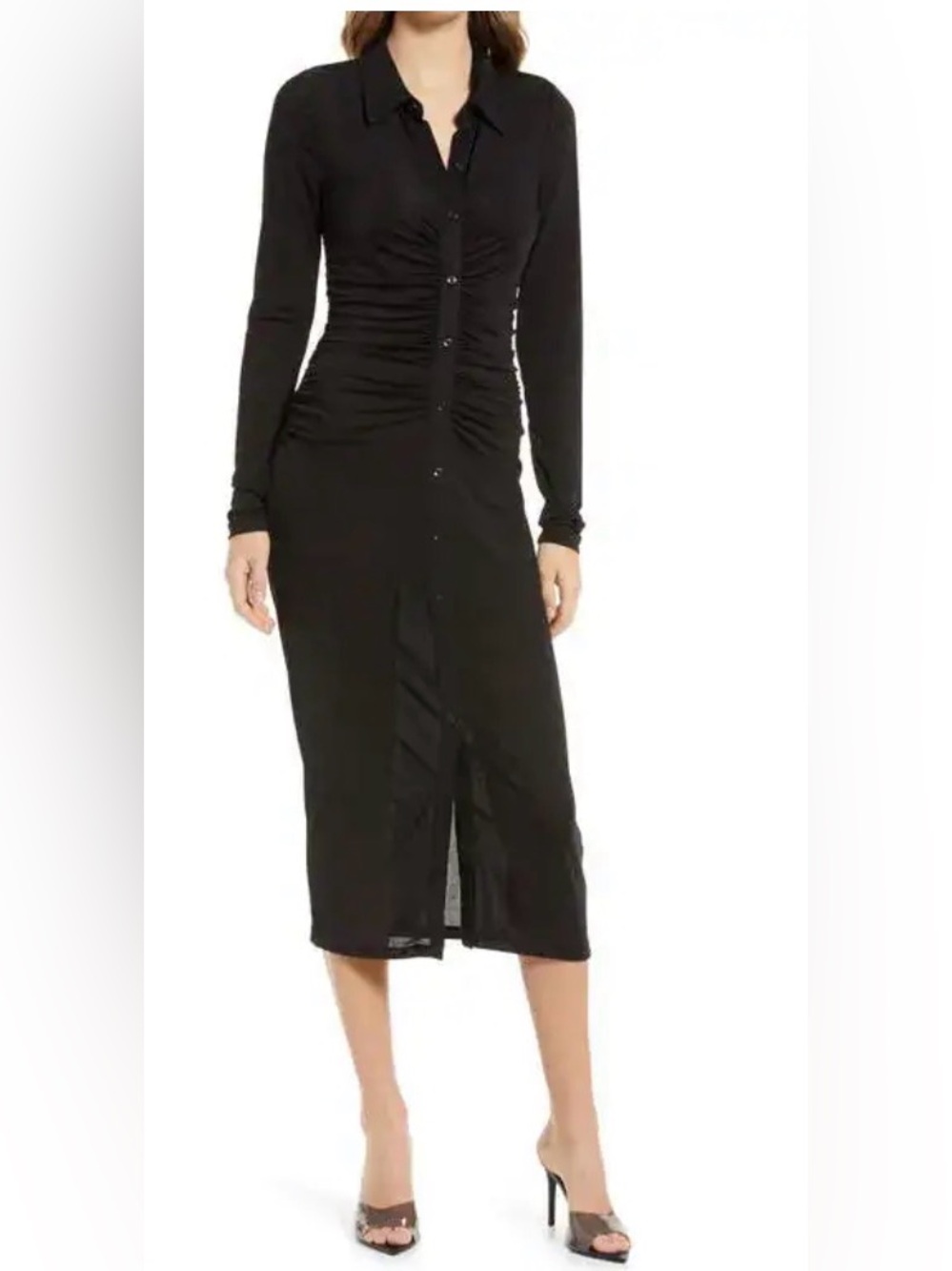 Good American Black Ruched Button-Front Midi Skirt